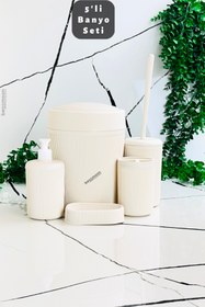 Resim Bessmoon 5'li Banyo Seti Krem, Aksesuar , Diş Fırçalık Sıvı Sabunluk, Sabunluk, Çöp Kovası, Wc Fırçası 
