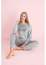 Resim Pijamerry Kadın Kışlık Bisiklet Yaka Kadife Pijama Takımı 3023g - 1 Adet Gümüş 