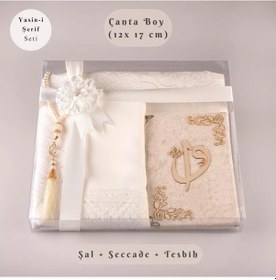 Resim Şal + Seccade + Tesbih + Yasin Hediye Seti Çanta Boy, Elifvav, Raşel Cilt, Krem 