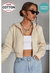 Resim Kadın Krem Crop Fitted Kapşonlu Zip Fermuarlı Polar Hırka Sweatshirt Krem 