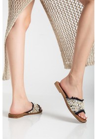 Resim Dilimler Ayakkabı Kadın Düz Topuklu Terlik Siyah Taşlı Püsküllü Kalın Tekbant-3922 Siyah 