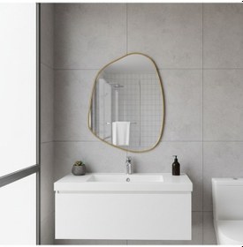 Resim 50x68 Cm Modern Asimetrik Banyo Aynası Altın Çerçeveli Organik Şekilli Duvar Aynası Altın 