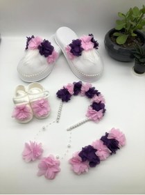 Resim ArdaStore Anne Bebek Logusa Seti Mor Pembe Çiçekli Terlik Taç Bandana Patik 