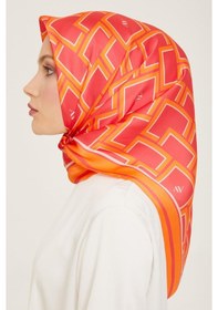 Resim Armine Pembe-turuncu Geometrik Desen Sura İpek Eşarp 9132-85 
