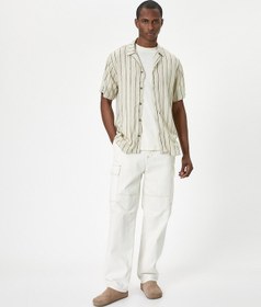 Resim Koton Yazlık Gömlek Kısa Kollu Devrik Yaka Düğmeli Kahverengi Çizgili 4sam60004hw Kahverengi 