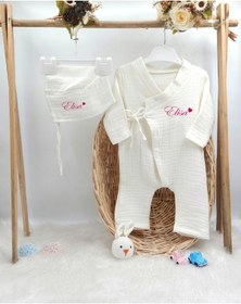 Resim Gros Shop Müslin 2'li Kimono Bağcıklı Tulum %100 Pamuk Organik Kişiye Özgü İsimli Nakış Desenli Fuşya 