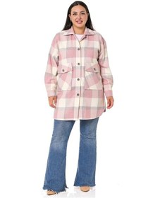 Resim Büyük Beden Eteği Oval Kesim Kapaklı Cepli Oduncu Pembe Gömlek 