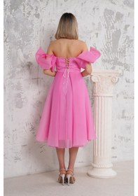 Resim Livanomi Kol Detaylı Boyundan Bağlamalı Midi Boy Pembe Abiye Pembe 