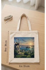 Resim Fi Hediyelik Bodrum Temalı Çiçekli İllüstrasyon Baskılı Ham Bez Tote Bag Plaj Yazlık Günlük Çanta 