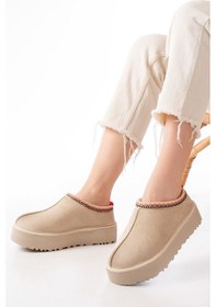 Resim Ndr-2888 Bej Süet İçi Kürklü Kışlık Kapalı Burun Kadın Günlük Terlik Beyaz 