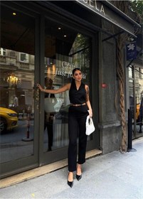 Resim Soonaksesuar Keten Duble Paça Deri Taba Kemerli Pantolon - Siyah Siyah 