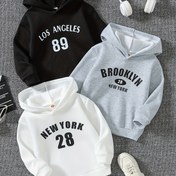 Resim Erkek Çocuklar için Rahat Sonbahar/Kış Baskılı Mektup ve Sayı Kapüşonlu Takım - Şık Polarlı, Sıcak Düz Renkli Kazak, "Los Angeles 226.06cm", "Brooklyn 213.36cm" ve "New York 71.12cm" Tasarımlarıyla, Dış Mekan Oyunları İçin Mükemmel, Trendy Erkek Çocuk Kapüşonları, Dayanıklı Çocuk Giyimleri, Kazak Kapüşon 