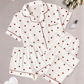 Resim Kabarcıklı Pliseli Açık Ön Yaka Pastoral Tarz Kalp Baskılı Kadın Pijama Takımı Üç Parça 