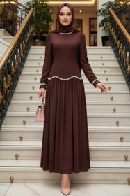 Resim N.S NEVA STYLE Boncuk Detaylı Kahverengi Tesettür Abiye Elbise 55212KH 