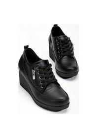 Resim Dilimler Ayakkabı Kadın Dolgu Topuklu Ayakkabı Siyah Siyah Suni Deri Fermuarlı Bağcıklı-4355 Siyah-siyah 