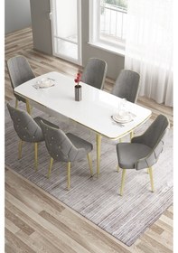 Resim Canisa Tia Serisi 80x132 Açılabilir Mdf Beyaz Gold Detay Mutfak Masası Takımı Ve 6 Gri Sandalye Masa Beyaz Sandalye Gri 