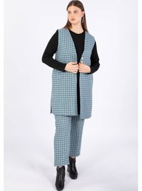 Resim Blue White Kadın Büyük Beden Kareli Yelekli Takım 3'lü Mavi 001 