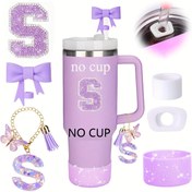 Resim 6 Parça Spor Bardak Aksesuar Seti: 30oz/40oz Bardaklar için Işıltılı Silikon Botlar, Fiyonk Saman Kapakları, Dökülme Önleyici & İlk Harf Stickerları - Dış Mekan Tutkunları İçin Mükemmel Hediye 