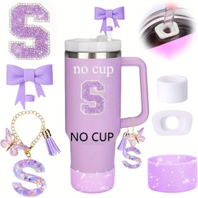 Resim 6 Parça Spor Bardak Aksesuar Seti: 30oz/40oz Bardaklar için Işıltılı Silikon Botlar, Fiyonk Saman Kapakları, Dökülme Önleyici & İlk Harf Stickerları - Dış Mekan Tutkunları İçin Mükemmel Hediye 