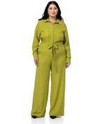 Resim Büyük Beden Beli Tünelli Ve Arkadan Lastikli Geniş Paça Fıstık Yeşili Tulum Fıstık Yeşili 