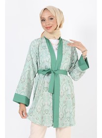 Resim Desenli Beli Kuşaklı Kimono Yeşil 