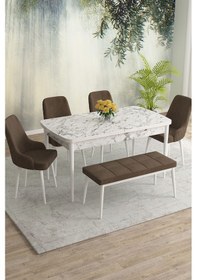 Resim Meri Serisi 80x132 Açılabilir Mdf Beyaz Mermer Desen Masa Takımı 4 Lacivert Sandalye 1 Bench Kahverengi 