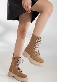 Resim SOFT FASHION Kadın Ten Kışlık Günlük Şık Yeni Moda Rahat Tabanlı Bağcıklı Bot Ayakkabı Topuk 5 cm 