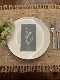 Resim Gümüş Yaldızlı Gri Gelincik Çiçeği Baskılı Garson Katlama Peçete 16 Adet 