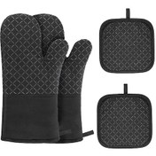 Resim Fırın Eldivenleri Ve Tencere Tutucular 4 Parça Set Isıya Dayanıklı Fırın Eldivenleri Ve Sıcak Pedler Bbq Mutfak Pişirme Izgara İçin Siyah 