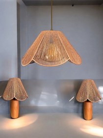 Resim Rosalinda Modeli Avize & Abajur Set - Hasır El Yapımı Bohem Çiçek Şekilli Avize 2 Li Ahşap Ayaklı Rustik Abajur Set Çok Renkli 