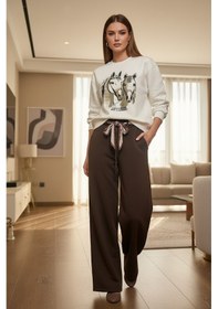 Resim Kadın Eşofman Takım Krem At Figürlü Sweatshirt Ve Kuşaklı Kahverengi Palazzo Kışlık Lüks 2li Beyaz - Kahverengi 