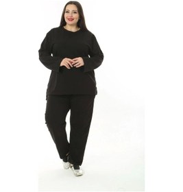 Resim Kadın Büyük Beden Düz Siyah İkiiplik Cepli Uzun Kol Eşofman Takımı Siyah 