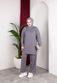 Resim Sfg Life Moda Kadın Gri Tesettür Giyim Zarif Taş Detaylı Tunik & Pantolon İkili Takım 