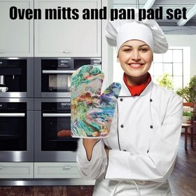 Resim Fırın eldiven seti, fırın eldivenleri ve tencere tutucuları,Mutfak eldivenleri ve pot tutucular seti | Kalın pamuk kaplı, ev, restoran, otel, fırın, açık hava, kamp için ısıya dayanıklı 