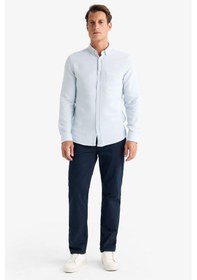 Resim DeFacto Slim Fit Dar Kesim Düğmeli Dokulu Düz Pamuk Karışımlı Uzun Kollu Gömlek T2066AZ24AUBE723 