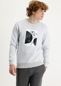 Resim Orta Gri Bisiklet Yaka İçi Polarlı Baskılı Pamuklu Sweatshirt 