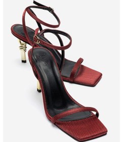 Resim Luvishoes Sone Bordo Saten Gold Topuklu İnce Bantlı Kadın Topuklu Ayakkabı 