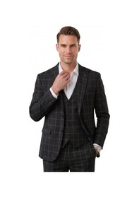 Resim Deepsea Erkek Siyah Slim Fit 3 Lü Takım Elbise Yelekli Ekose Desenli Çift Düğme Takım Elbise 2600501 