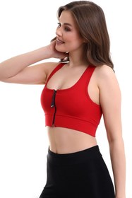 Resim EMFURE Kırmızı Fermuarlı Spor Büstiyer - Sports Bra / Crop Destekli Spor Sütyeni 