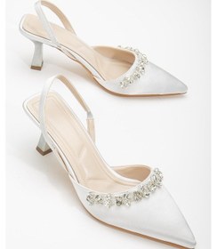 Resim Saten Taşlı Simetrik Kesim Siyah Gümüş Topuklu Kadın Abiye Ayakkabı-2779-gümüş Gümüş 