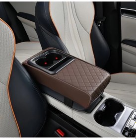 Resim Xuweiwei Kahverengi Suni Deri Konsol Yastığı, Dirsek Dinlendirici, Bardaklık Ve Organizör 