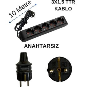 Resim Avarson 5'li Beşli Priz Topraklı Kablolu Siyah 3x1,5 Ttr 10 On Metre 