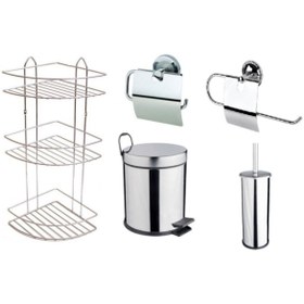Resim RENK YAPI RÜYASI Banyo Wc Tuvalet 5lt Çöp Kovası + 3 Katlı Raf + Havluluk + Kağıtlık + Fırça 5'li Beşli Set 