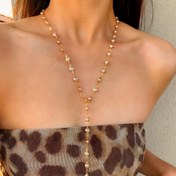 Resim 1 adet Altın Tonlu Yapay İnci Y- Zincir Uzun Boyunluk Parıltılı Kolyeler ile - Bohem Şık Minimalist Moda Takı Kadınlar için, Partiler, Tatiller, Yıldönümleri, Doğum Günleri ve Özel Günler için Mükemmel, Parti Aksesuarı, Lüks Kaplama 