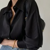 Resim Kadınlar için Rahat Çizgili Düşük Omuzlu Gömlek, %100 Polyester, Her Mevsim İçin Yaka Detaylı Düğmeli, Dokuma Kumaş, 120g/m² - Yetişkinler İçin Klasik Düz Renkli Bluz 