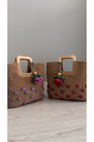 Resim WOMANBAG EL YAPIMI HASIR PEMBE GÜL İŞLEMELİ EL ÇANTASI PLAJ ÇANTASI (38x35cm) 