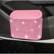 Resim Xuweiwei Pembe Rhinestone Pembe Car Trash Can Otomatik Kapaklı Multifonksiyonel Araç İçi Çöp Kutusu 