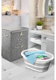 Resim 2 Adet Banyo Seti - Keçe Kapaklı Kirli Çamaşır Sepeti - Katlanabilir Akordiyon Çamaşır Sepeti 