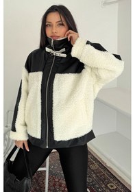 Resim Kadın Kontrast Panelli Peluş Mont Polar Edge Beyaz 