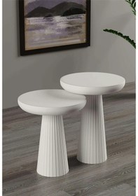 Resim Wood Wooden Ahşap 2 Li Set Fitilli Mantar Beyaz Yan Sehpa Modern Fiskos / Çiçeklik / Zigon Beyaz 